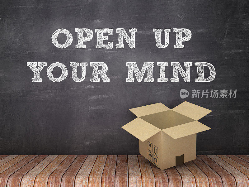 打开你的思想短语与纸板盒在木地板-黑板背景- 3D渲染
